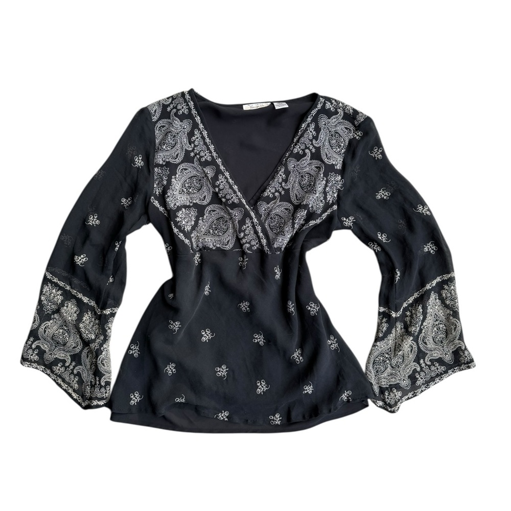Y2K 100% Silk Boho Bell Sleeved Paisley Print V-Neck Blouse New York City CO